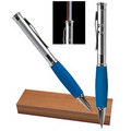 Silver Light Up Pen w/ Laser Pointer & Soft Blue Rubber Grip